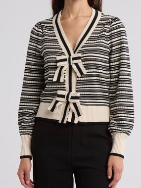 Striped Bow-Front Cardigan Sweater in Cream & Black